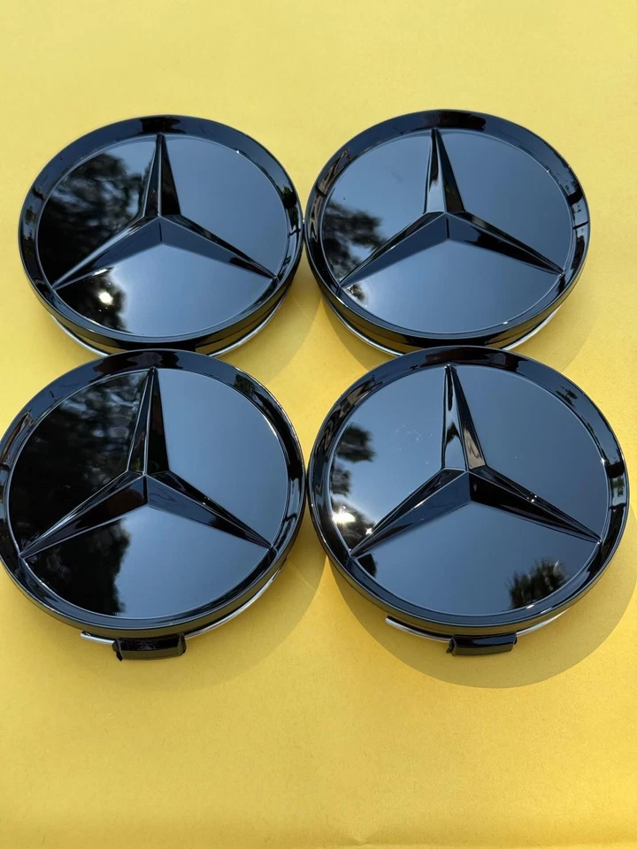 Set of 4 Mercedes Benz Center Caps All Glossy Black 2.95 Inch/75mm - Image 3 of 4