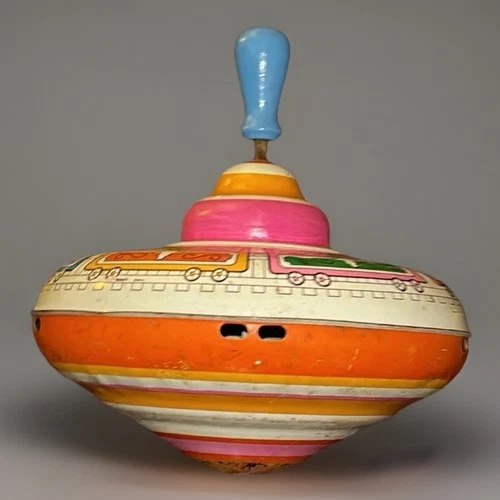 Vintage 1950’s  Spinning Top, Tin-Litho with Wood Handle Ohio Art Train Graphics