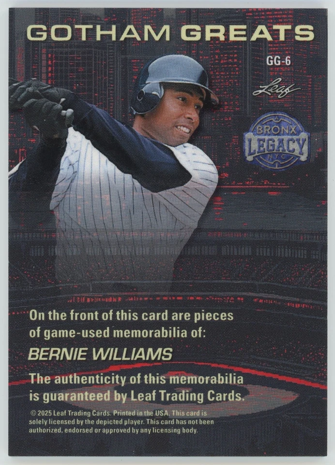 Memorabilia Leaf Bronx Legacy Bernie Williams (3/3) Gotham 2025 triple usada en juegos Foto 2 de 2