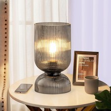 Modern Table Lamp,Glass Mid Century Lamp W/ Smoky Gray Glass Shade Bedside Lamp