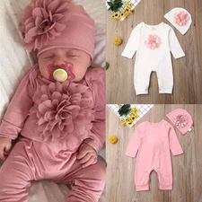 Newborn Baby Floral Bodysuit Romper Infant Girl Jumpsuit+Hat Kids Clothes Outfit