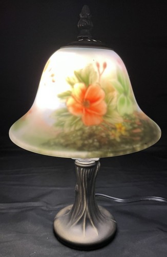 FLORAL Reverse Hand Painted On Frosted Glass 12” Tall Table Desk Lamp Gorgeous