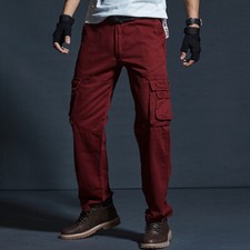 Men Straight Leg Cargo Pants Multi Pockets Loose Military Trousers Slacks Plain