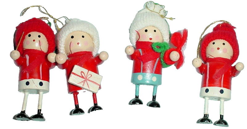  4 VINTAGE  WOOD CHRISTMAS ORNAMENTS KIDS IN KNIT CAP- STICK LEGS- HAND PAINTED