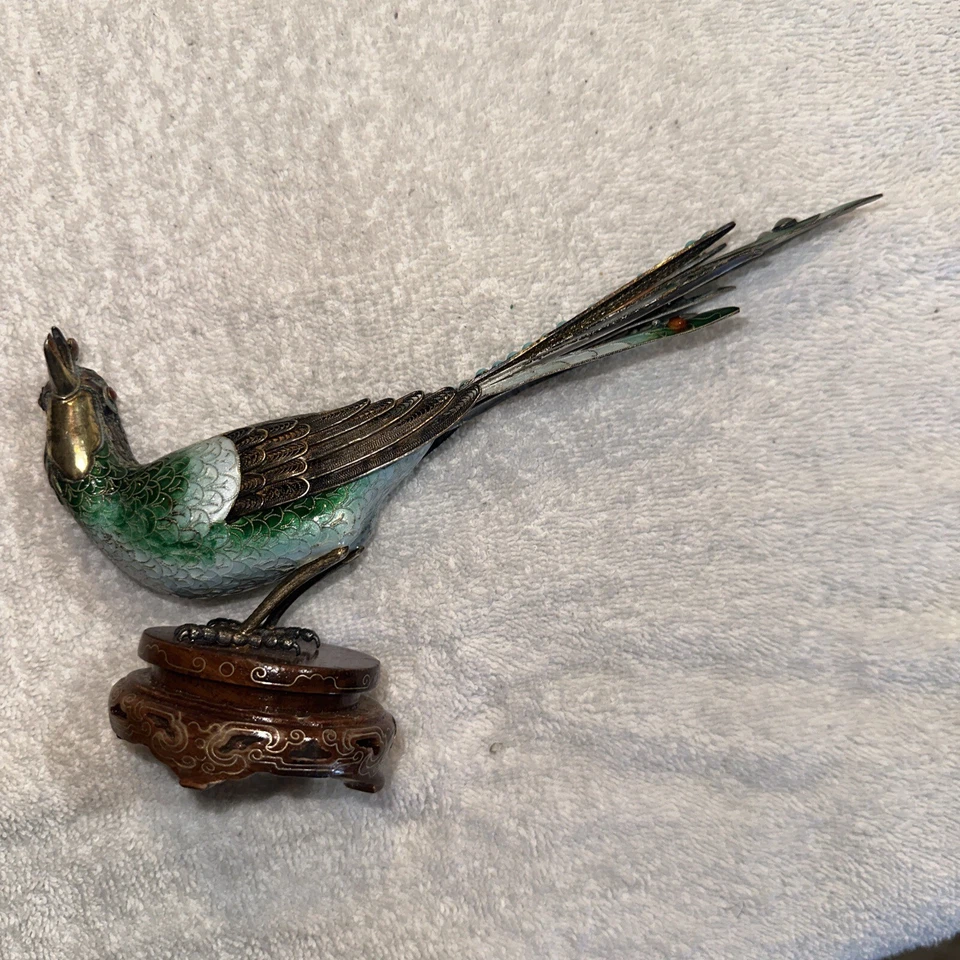 Antigua escultura de pájaro china de filigrana dorada esterlina, esmalte turquesa de 4,5" Foto 2 de 4