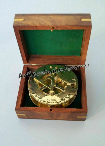 VINTAGE MARITIME SOLID BRASS SUNDIAL COMPASS NAUTICAL MARINE WITH WOODEN BOX - Picture 2 of 8