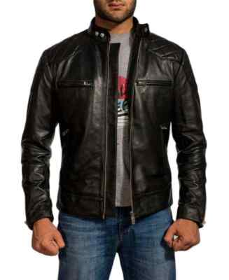 Men's 100% Real Leather Quilted Moto Biker Jacket Genuine Lambskin Black Jacket