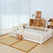 NAIZEA Twin Size Montessori Floor Bed w/Safety Rails Lockable Door for Toddler