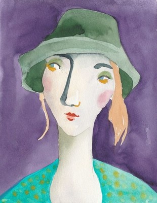 Original Aquarell, Gruener Hut, Portrait, einzigartige Kunst, naive Malerei