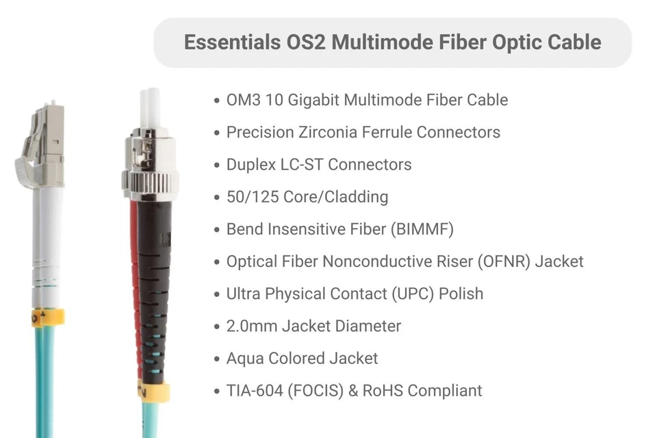 10 Gig LC to ST MM Duplex 50/125 Fiber Patch Cable 1M - Lifetime Warranty - Image 2 of 4