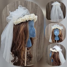 Vintage'80 Wedding Veil Headpieces Beaded Sequins /Floral /2Tiered/Length 27"