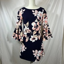 Eliza J Navy Floral Bell Sleeve Shift Dress Pink Cream Size 6