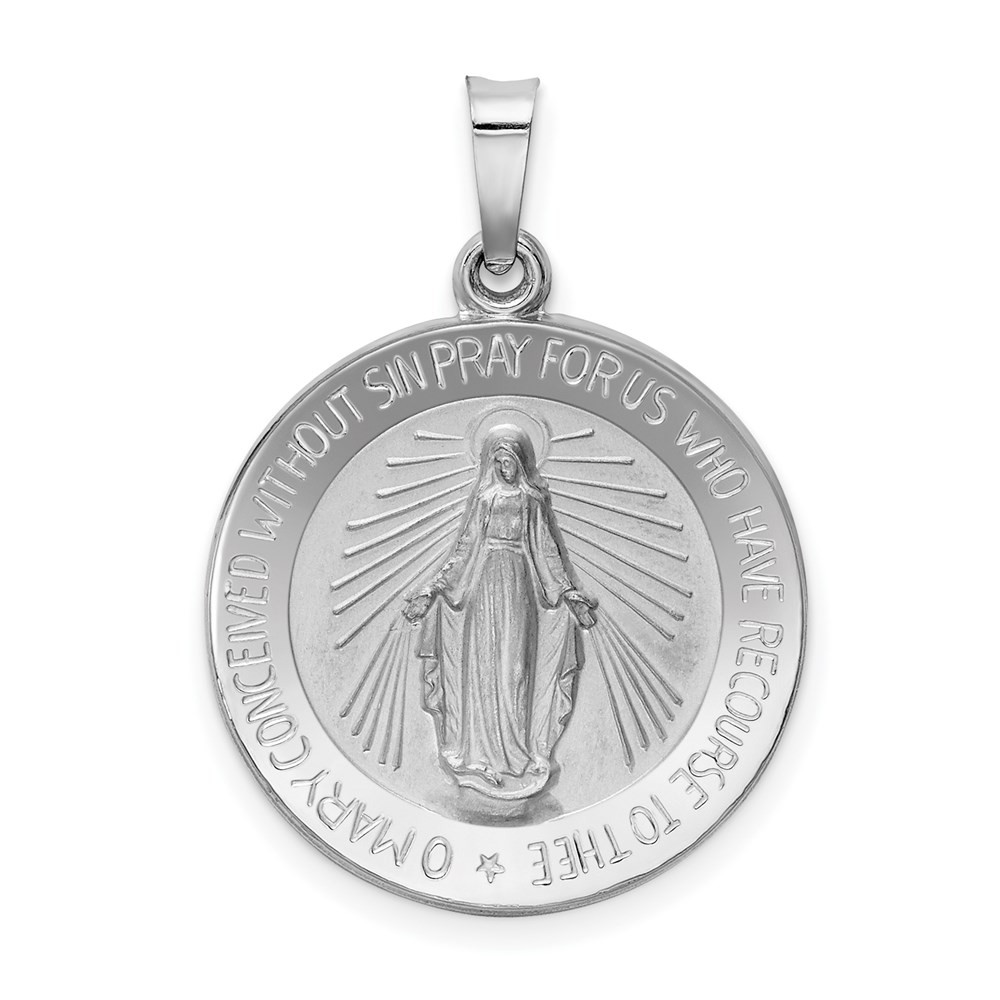 14k White Gold Polished and Satin Solid Miraculous Medal Round Pendant 2.14gm