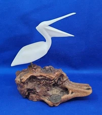 Vtg John Perry White Pelican Bird Open Mouth Burlwood Base Nautical Ocean Beach
