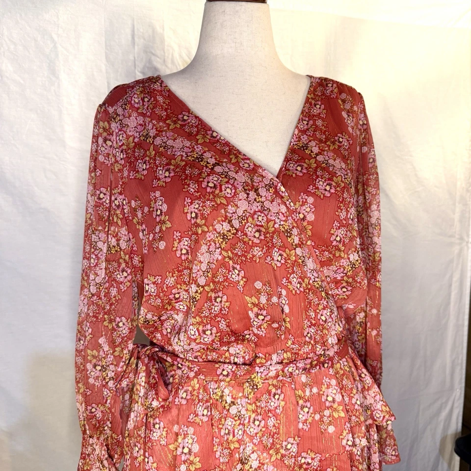 Vestido LC Lauren Conrad Rosa Coral Floral Manga Larga Imitación Envolvente Mujer Talla XL Foto 3 de 4