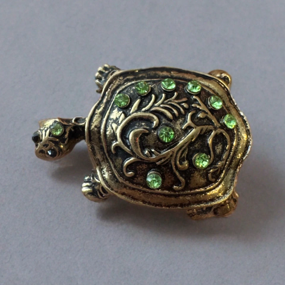 Broche Tortuga Vintage Verde Estrás Concha Figura Prendedor Tono Dorado Joyería Foto 2 de 4