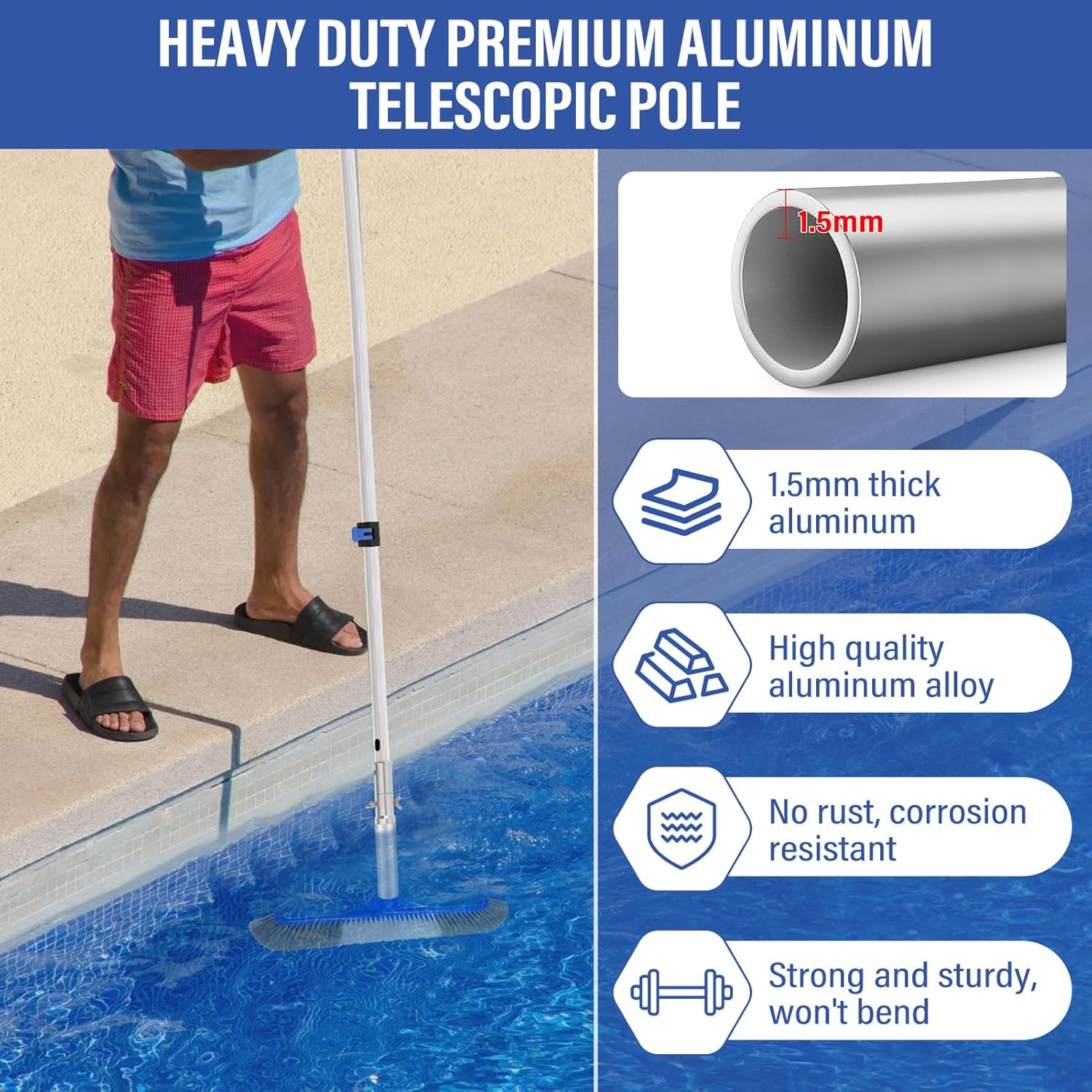 Telescopic Pool Pole - 16 FT Adjustable Premium Swimming Pool Pole Heavy Duty Al
