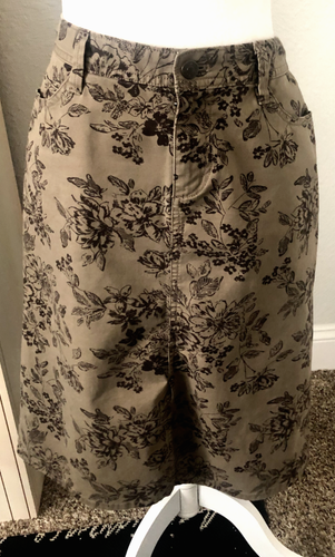 New EDDIE BAUER S 6 P Petite Brown Denim Floral Cotton Print JEAN SKIRT 5 Pocket