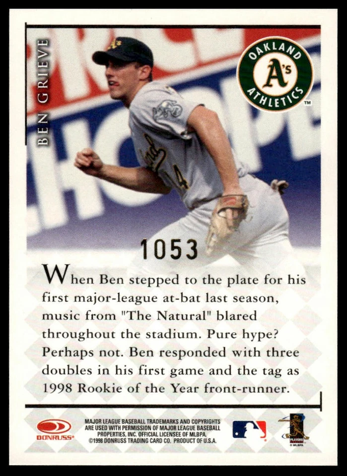 Donruss Signature 1998 #NNO Ben Grieve Millennium Marks autógrafos #/1100 Foto 2 de 2