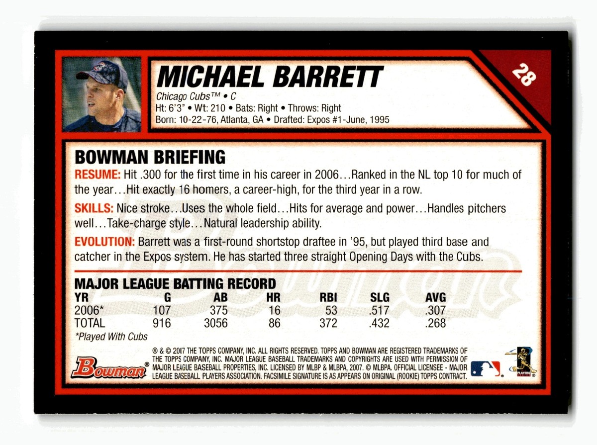 Michael Barrett 2007 Bowman #28 Chicago Cubs NM-MINT | eBay