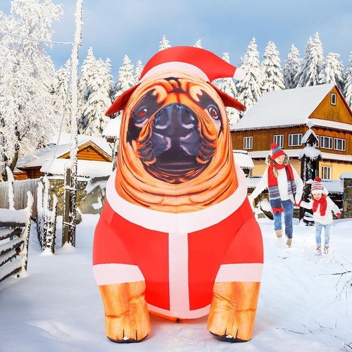 Christmas Dog Bulldog Santa Hat Airblown Inflatable Decor LED Blow Up