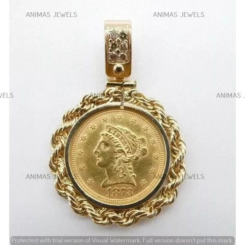 Liberty Head Quarter Eagle Coine With Rose Bezel Pendant 14K Yellow Gold Plated