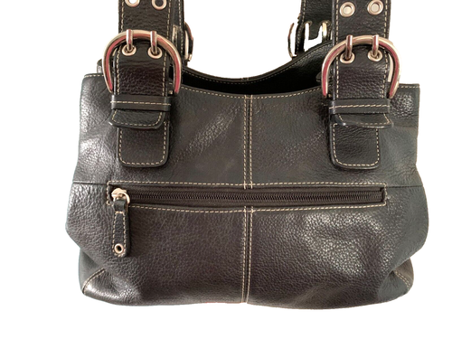 TIGNANELLO Black Handbag Pebbled Leather Double Handles Satchel Shoulder Purse