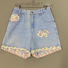 Womens VTG 90s Denim High Waisted Mom Shorts Size 11/12 26" Waist Floral Cuff