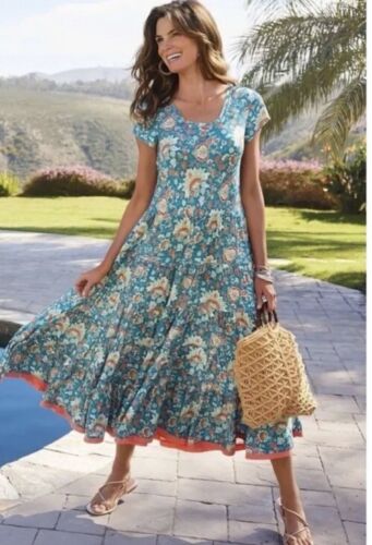 Soft Surroundings Large 14-16 Kara Floral Maxi Dress Fiery Teal Blue Jacobean
