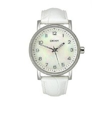 NEW DKNY SILVER TONE,WHITE CROC LEATHER BAND,MOP DIAL WATCH-NY4754