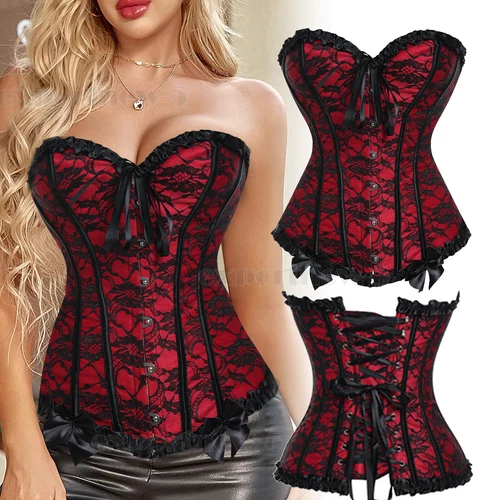 Damen Sexy Überbrust Taille Trainer Schnür Korsett Vintage Bustier Top Übergröße - Bild 18 von 28