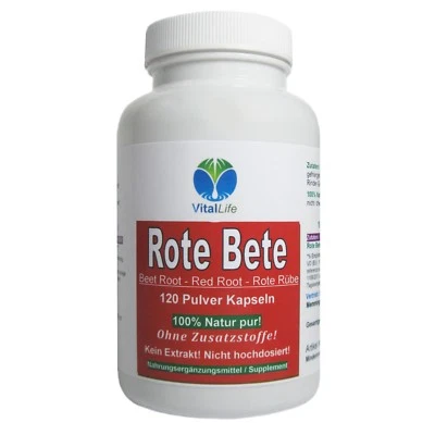 VITALLIFE Rote Beete Bete 120 Kapseln Wurzel-Pulver NATUR pur OHNE Zusatzstoffe. 26315