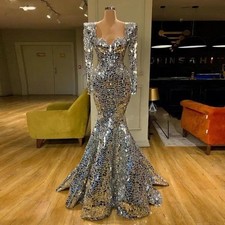 Sparkly Sequins Silver Mermaid Evening Dresses Long Sleeves Evening Dress Long