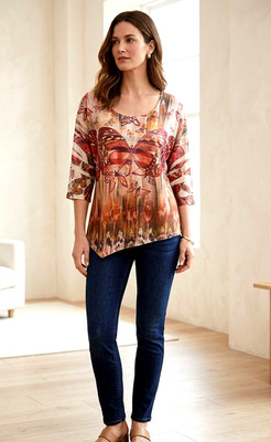 One World Top Butterfly Sequins Lace Top Shirt Tunic Bohemian L New Fairycore