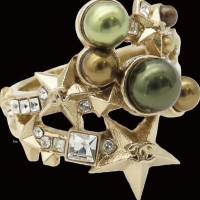 CHANEL  Ring AUTH Vintage Rare CC Gold Rhinestone Gp COCO Mark Kenkenjp Star F/S