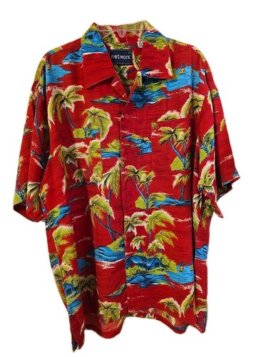 Vintage Network Hawaiian Aloha Shirt Tropical Palms & Shacks Red Men's Large