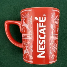 Nescafe Ceramic Coffee Tea Cup Mug Winter Holiday Reindeer Snowflakes Red 11 oz