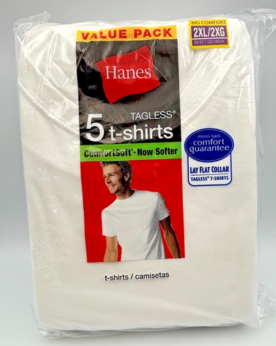 Hanes T Shirts Mens 2XL White 5 Pack Tagless Comfortsoft Cotton Brand ...