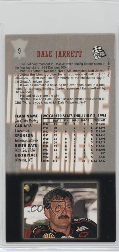 1994 Press Pass Optima XL Dale Jarrett #9 HOF - Image 2 of 2