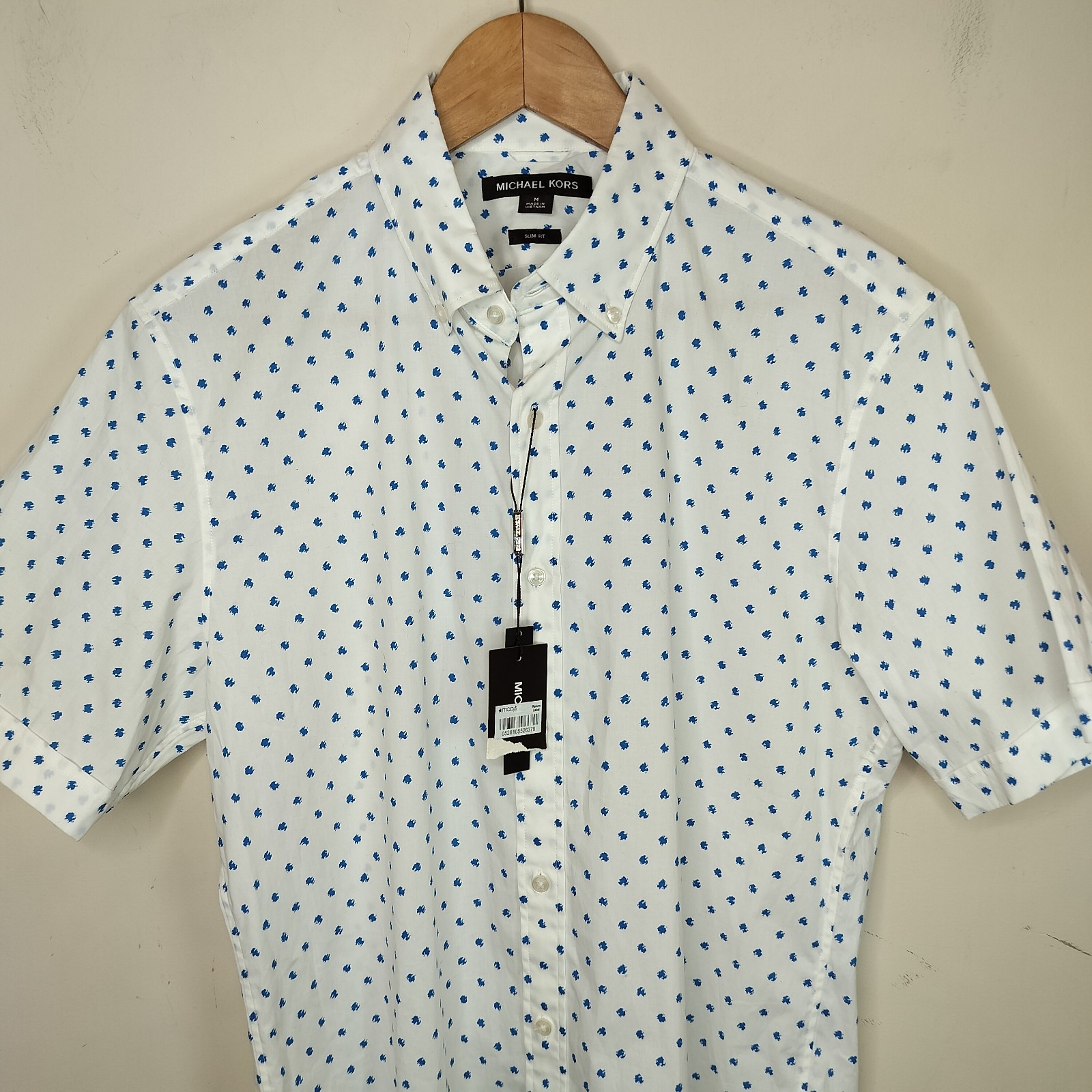 Michael Kors Mens Button Down Shirt Medium White Blue Short Sleeve Slim Fit thumbnail 2