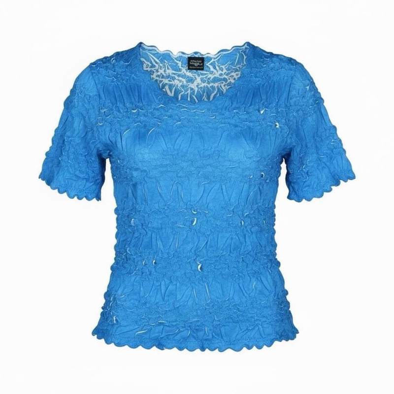 Magic Scarf Women’s Blue Textured Knit Blouse Scoop Neck Short Sleeve Size M