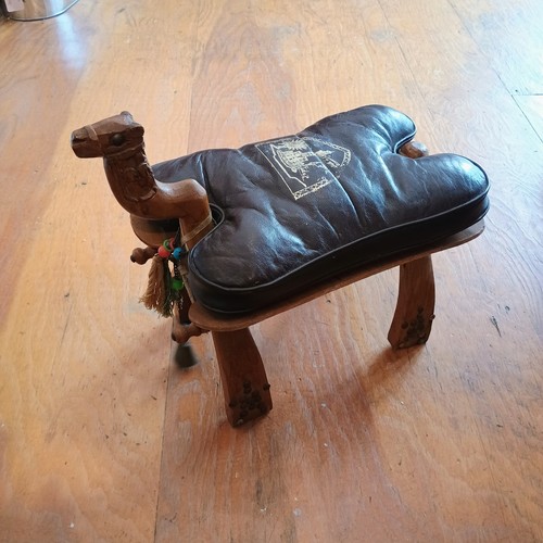 Vintage Hand Carved Wood Camel Saddle Stool Brown Leather Ottoman Footrest 18in