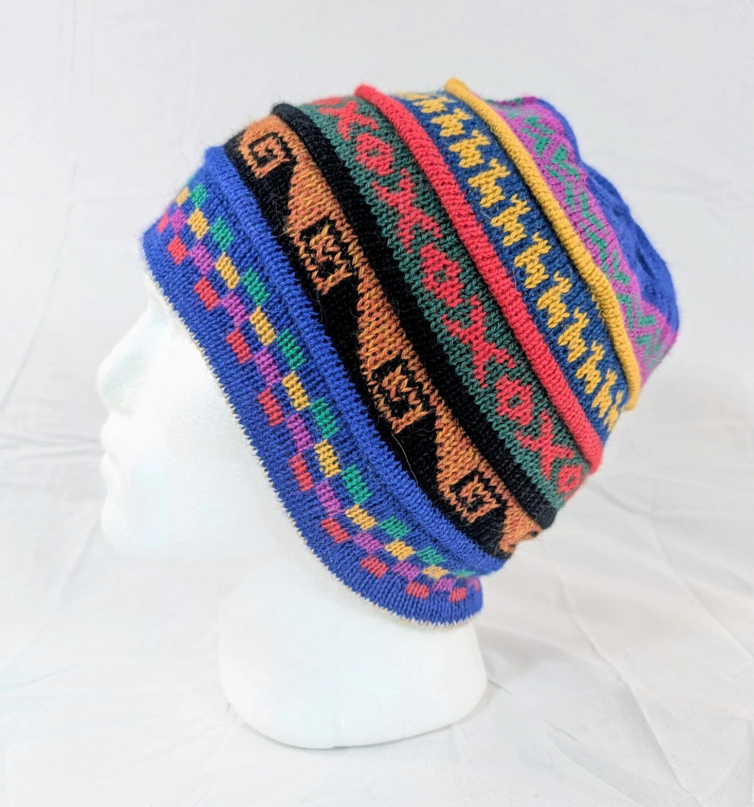 Soft Baby Alpaca Reversible Blue Beige Beanie Unisex Colorful Boho Llama Peru