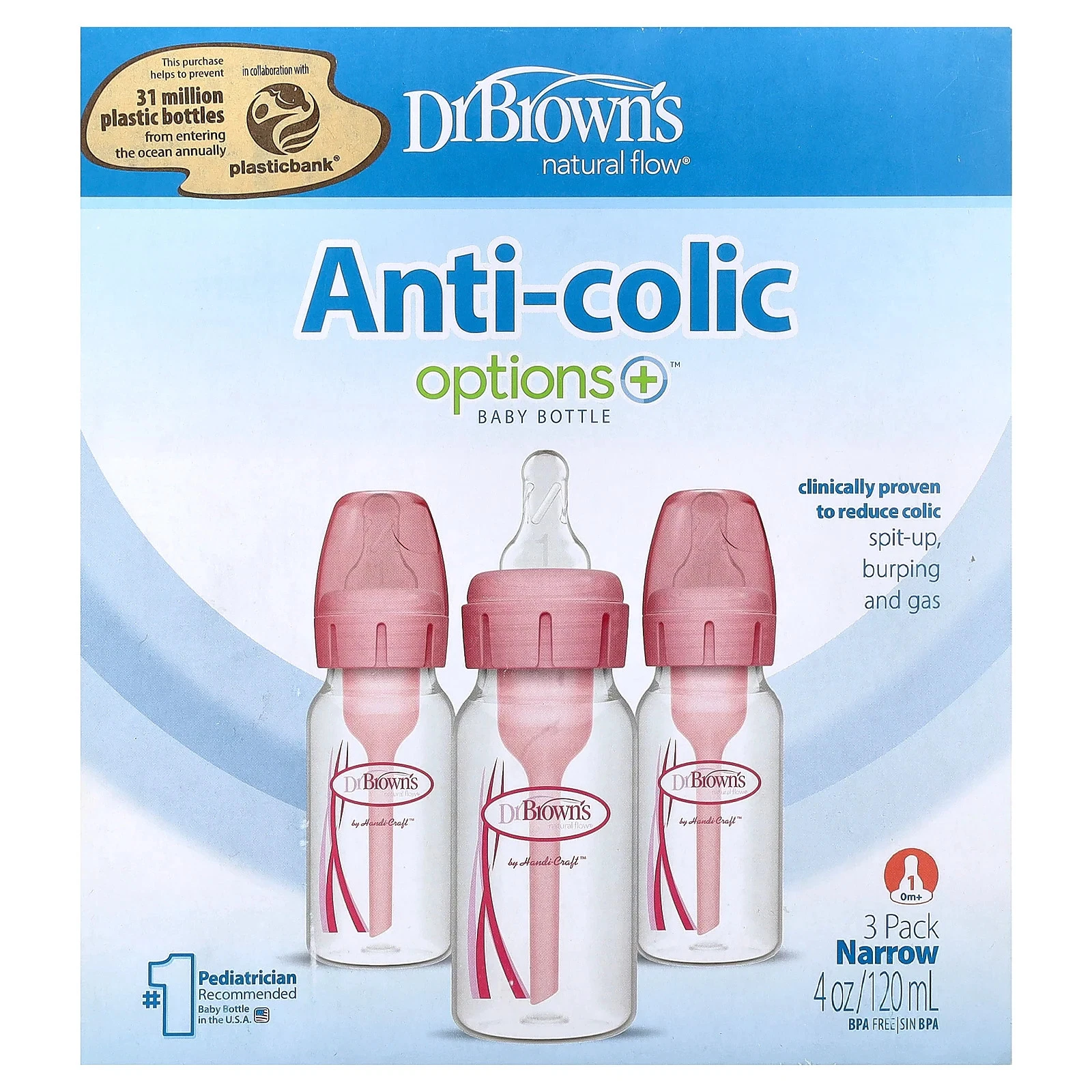 Natural Flow®, Anti-colic Options+™ Baby Bottle, 0 Months +, 3 Pack, 4 oz (120