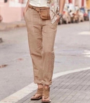 Sundance Womens 12 Tan Linen Blend Relaxed Fit Roll Tab Cuffs Organia Lace Pants