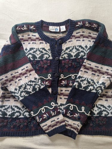 Vtg Paul Harris Design Floral Novelty Cardigan Size M 3D Cottage Grandma Chic