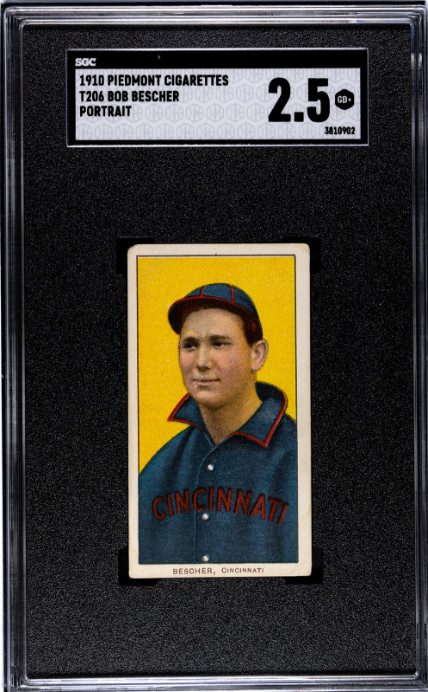 1910 T206 Bob Bescher Pidemont SGC 2.5 GD+ Portrait 350 / 25 Baseball Card