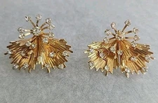 Vintage 1950s Emmons EMJ Gold Tone Star Burst Clip Earrings Rhinestones SIGNED 