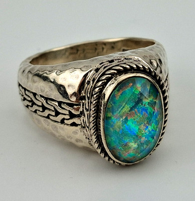 Sarda Bali Signed Domed Sterling Silver Ring Faceted Simulated Opal Size 8.25