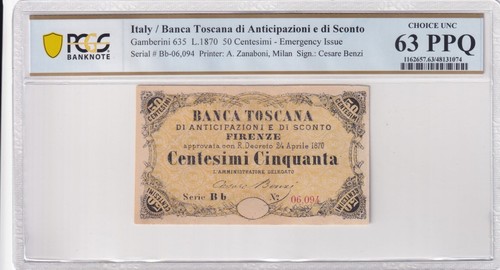 ITALY BANCA TOSCANA 1870 50 CENTESIMI, CHOICE, PCGS BANKNOTE CERTIFIED CU-63-PPQ